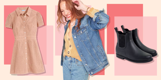 Illustration of Draper James Faith Shirtdress in Eyelet, Old Navy Oversized Boyfriend Jean Jacket and J.Crew Chelsea Rain Boots