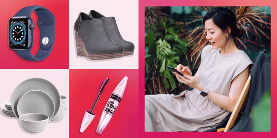Illustration of a Woman shopping on her phone, Maybelline Lash Sensational Mascara, Dr. Scholl's Women's Harlow Ankle Boot, Gibson Home Rockaway 12-Piece Dinnerware Set and the Apple Watch Series 6 in red