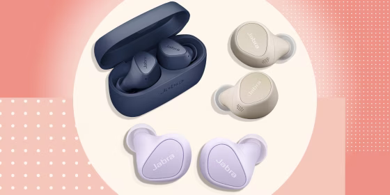 Illustration of Jabra Elite headphones in blue, gold and purple