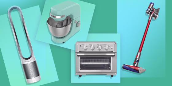 Illustration of the Dyson V8 Fluffy (Red) Vacuum, Hamilton Beach 7-Speed Stand Mixer, Cuisinart TOA-60 Air Fryer Toaster Oven and Dyson Pure Cool TP01 Purifying Fan Tower