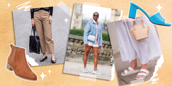 Images of three different Women wearing fashionable shoes, a bootie, and blue shoe with a heel