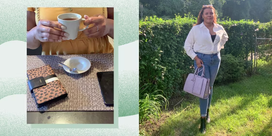 Two images from Writer Kamari Stewart, modeling a leopard wallet surrounded by coffee and a purple purse outside from Amazon