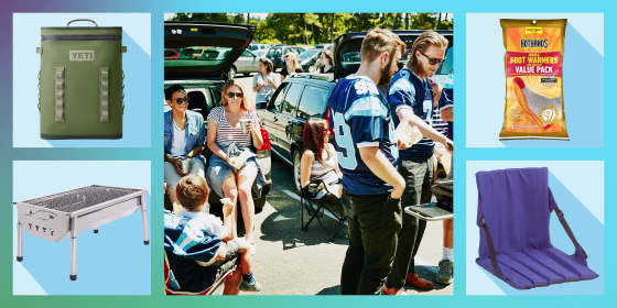 Illustration of Friends barbecuing during tailgating party, HotHands Insole Foot Warmers, a Coleman Stadium Seat, a Yeti Cooler backpack and a Portable Charcoal Grill