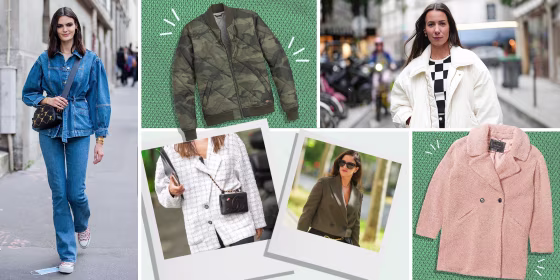 Illustration different Woman wearing stylish fall jackets outside, and two images of a Quilted Bomber jacket and a Lucky Brand Teddy Coat in pink