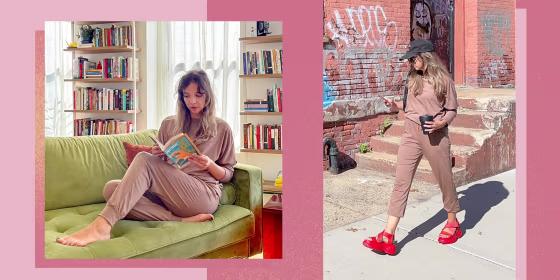 Writer Cailey Rizzo wearing a matching Fixmatti sweatsuit in her house and walking outside