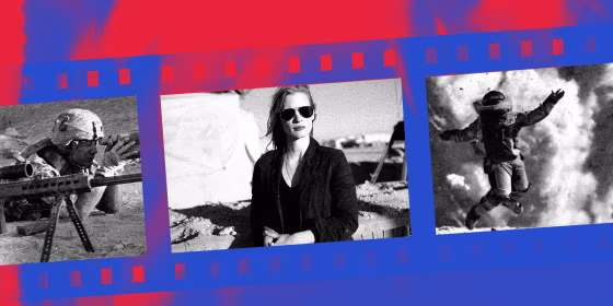 Photo illustration: A blue and red film reel showing stills from the movies, \"The Hurt Locker\" and \"Zero Dark Thirty\".
