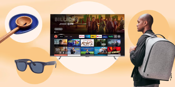 Illustration of a spoon on a spoon rest, Facebook and Ray-Ban smart glasses in blue, a man wearing a backpack from Public Rec and the new Amazon Fire TV