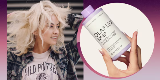 Woman playing with her blonde hair outside and a bottle of the Olaplex No. 4P Shampoo