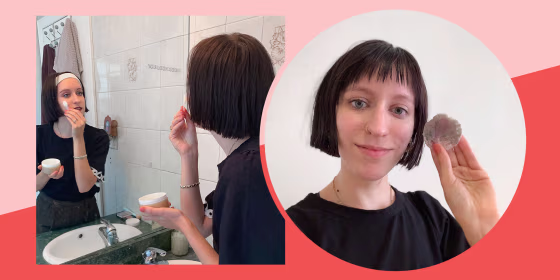Split before and after image of writer Daniella Musacchio, who used dJunoco Cleansing balm to remove her makeup