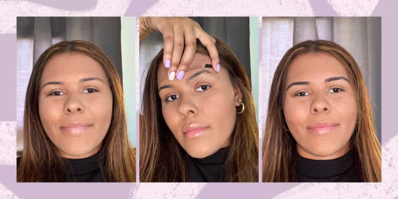 Writer Kamari Stewart in three different photos, showing before, during, and after the Madluvv Brow Stamp