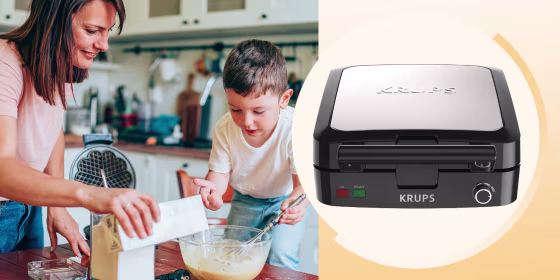 Mother and son making waffles in kitchen and image of a Krups waffle maker