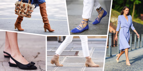 Illustration of five Women outside, wearing different styles of suede shoes