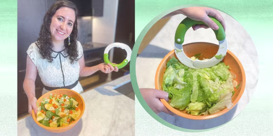 Two images of Writer Abigail Barr using a salad chopper famous on TikTok to chop up romaine lettuce, and a completed chopped salad