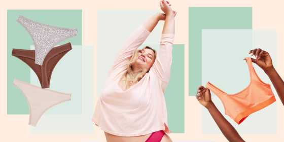 Image of a Woman, woman holding a sport bra and different color thongs, from the new Old Navy line of sleepwear and intimates