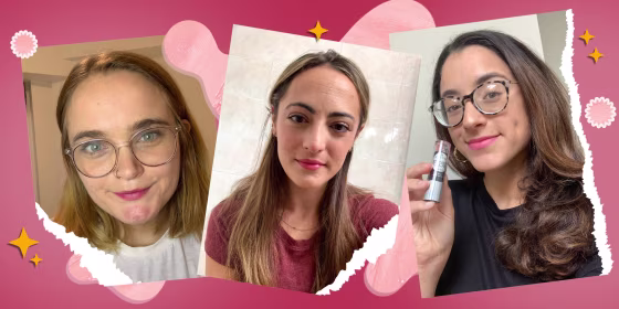 Images of Writers Emma Stessman, Danielle Murphy and Jillian Ortiz wearing the Essence Glimmer Glow Lipstick