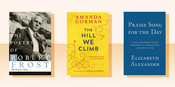 Image of three books - Image of The Hills We Climb by Amanda Gorman, The Poetry of Robert Frost and Praise Song for the Day