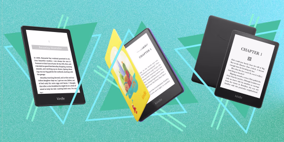 Illustration of three new Amazon Kindle Paperwhite, Kindle Paperwhite Signature Edition and the Kindle Paperwhite for kids