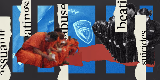 Photo illustration: Cutout image of inmates sitting in a line, cutout image of a line of detention officers against blue boxes in the background that show the Harris County Sheriff's badge. Torn pieces of paper run though the image that read,\"assault\", \"b