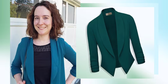 Image of Chrissy Callahan wearing the HyBrid & Company Open Front Blazer Jacket