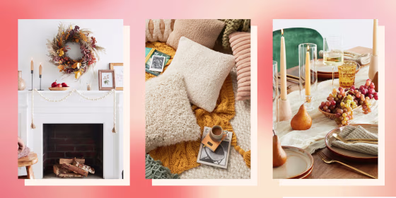 Three images of a cozy living room, a fireplace decorated and a dining room with fall decor