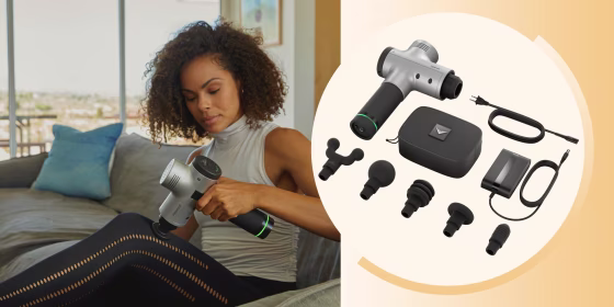 Woman using the Hyperice Hypervolt on her legs and the Hyperice Hypervolt with different massage heads