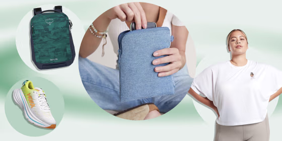 Image of the new HOKA Bondi X sneaker, Osprey backpack, Woman wearing a t-shirt from the Athelta and Brown Girls Do Ballet collection and a woman holding a Dagne Dover denim bag from the new collection