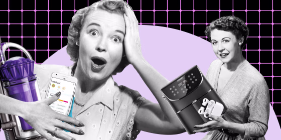 Illustration of two vintage women holding a Dyson, a thermometer, air fryer and headphones