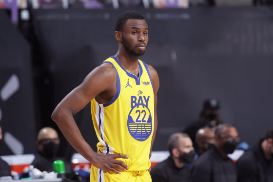Andrew Wiggins of the Golden State Warriors looks on during the game against the Sacramento Kings on March 25, 2021, in Sacramento, Calif.