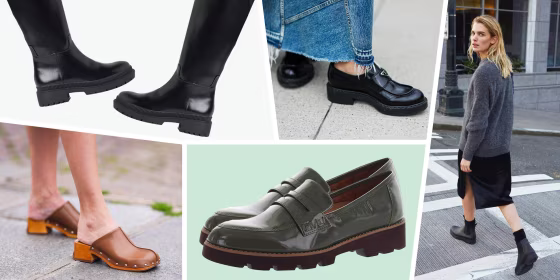 Illustration of three Women wearing different styles of chunky shoes, a pair of chunky black boots and a pair of chunky loafers