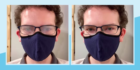Before and after image of writer Daniel Boan using a Optix 55 Anti-Fog Spray on his glasses when wearing a face mask