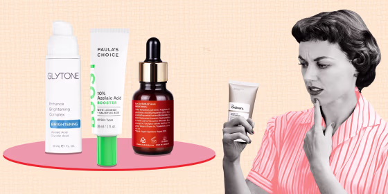 Illustration of a Woman looking at an Azelaic Acid product and three Azelaic Acid products