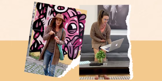 Writer Katie Jackson wearing a brown cardigan outside and indoors from Amazon