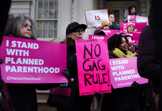Image: Pro-choice activists gather in support of Planned Parenthood during a demonstration against a Trump administration Title X rule change in New York on Feb. 25, 2019.
