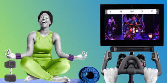 Illustration of a Woman sitting on a yoga mat with Bala weights on her wrists and a weight by her legs, and a close-up view of the NordicTrack S22i Studio Cycle bike