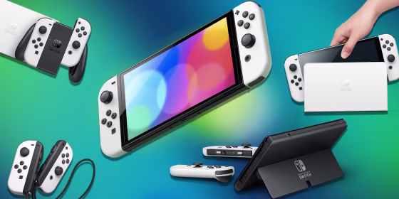Illustration of the new Nintendo Switch OLED and different parts that come with models