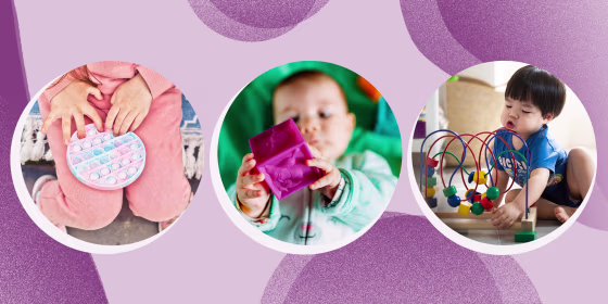 Images of three different aged kids playing with sensory learning toys