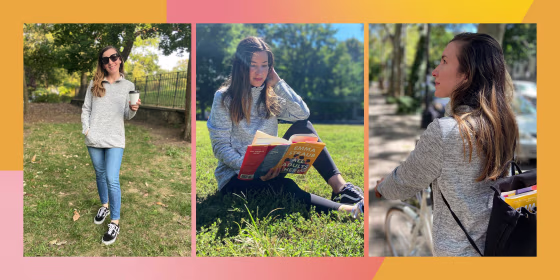 Writer Anne Bauso in three images wearing an Amazon pullover sweater outside