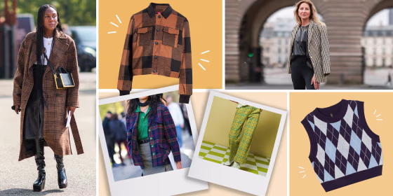 Illustration of a H&M Crop Sweater Vest, Woman wearing Shape Up Trouser Pants, and 3 Woman wearing different plaid fashion