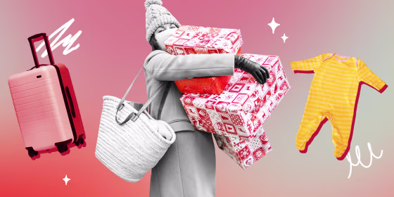 Illustration of a Woman holding holiday gifts in her hands, a suitcase and a baby onesie