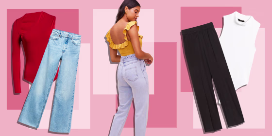 Illustration of a Woman wearing a stylish bodysuit and two bodysuits with different pairs of pants