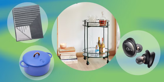 Illustration of the new Anker headphones in black, bar cart from Bed Bath and Beyond, blanket and the new dutch oven from Great Jones, in blue