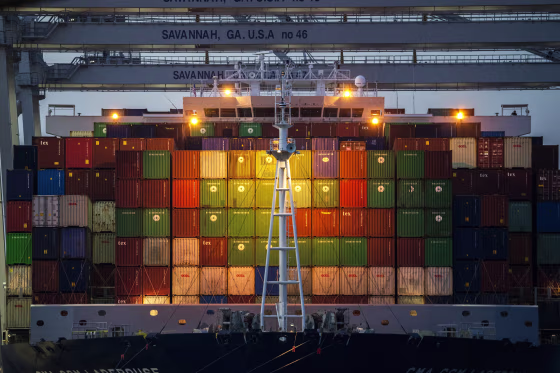 Ship to shore cranes work the container ship CMA CGM Laperouse at the Georgia Ports Authority's Port of Savannah on Sept. 29, 2021, in Savannah, Ga.