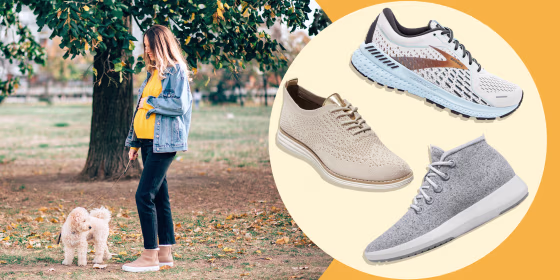 Illustration of a pregnant Woman walking her dog, Allbirds, Brooks Adrenaline GTS 21and Cole Haan Oxford Sneakers