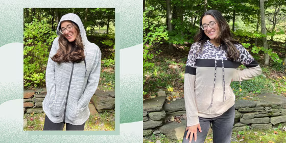 Writer Jillian Ortiz wearing two different hoodie sweaters from Amazon