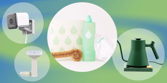 Illustration of Kangaroo launches Indoor + Outdoor Cam, lifestyle of Safely introduces dish collection, a Great Jones and Fellow electric kettle in green and a Steamery releases iron steamer