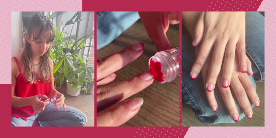 Three images of Writer Cailey Rizzo using a nail polish stamper