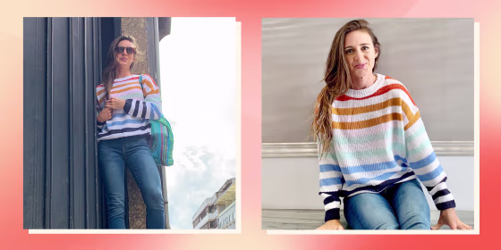 Split image of Writer Katie Jackson wearing the KIRUNDO Women's Stripe Color Block Sweater