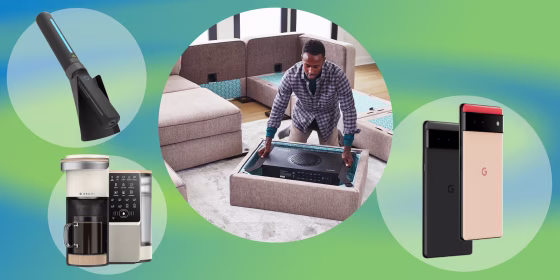 Illustration of the Bruvi single-serve coffee maker, 2 Google Pixel 6 phone, the Lovesac couch sound system, and a PhoneSoap UV-C wand