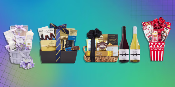 Illustration of four  different gift baskets to buy this Holiday season