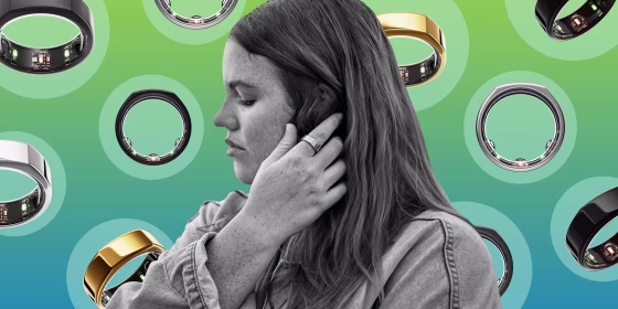 Illustration of the Oura Ring in different colors and a Woman wearing the ring on her finger